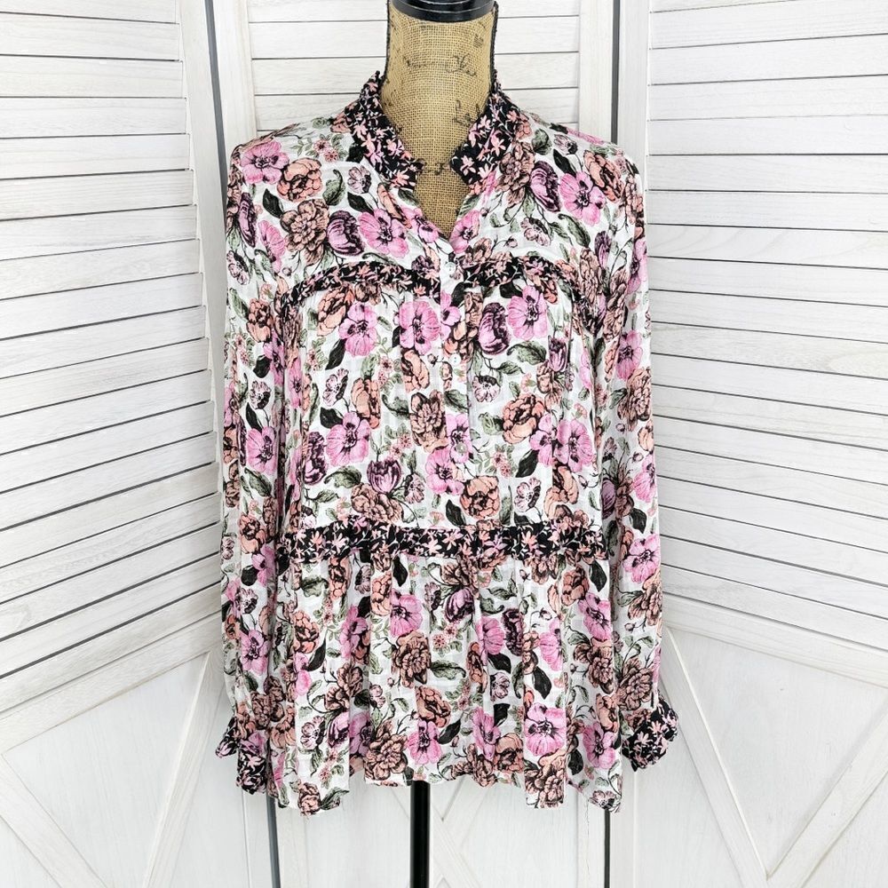 Jane and Delancey Floral Ruffle Trim Tiered High Low Tunic Blouse Pink Black